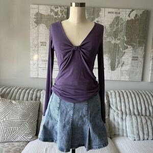 Basic Threads Purple Long Sleeve Twist Front Lettuce Hem Top Women S Babydoll